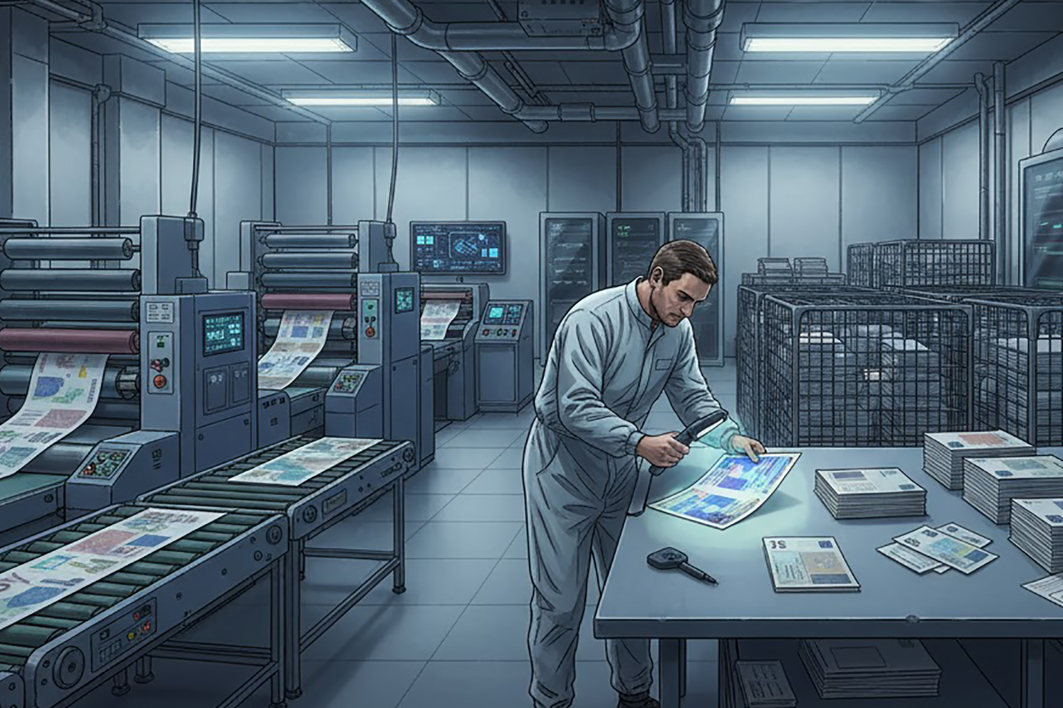 نمای عریض از داخل یک واحد چاپ امنیتی که در آن دستگاه های تخصصی در حال کار هستند و یک کارشناس در حال بررسی برگه های دارای عناصر امنیتی زیر نور ویژه است.