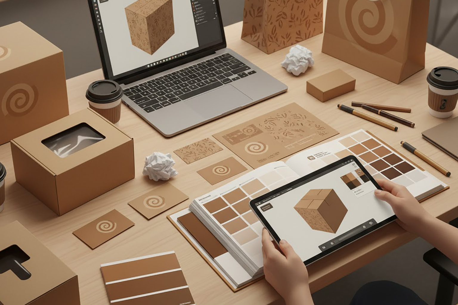 نمای عریض از میز یک طراح چاپ که روی آن سوچ های رنگ، نمونه قهوه ای شبیه موکا موس و ماکاپ بسته بندی و بروشور با همان رنگ دیده می شود.