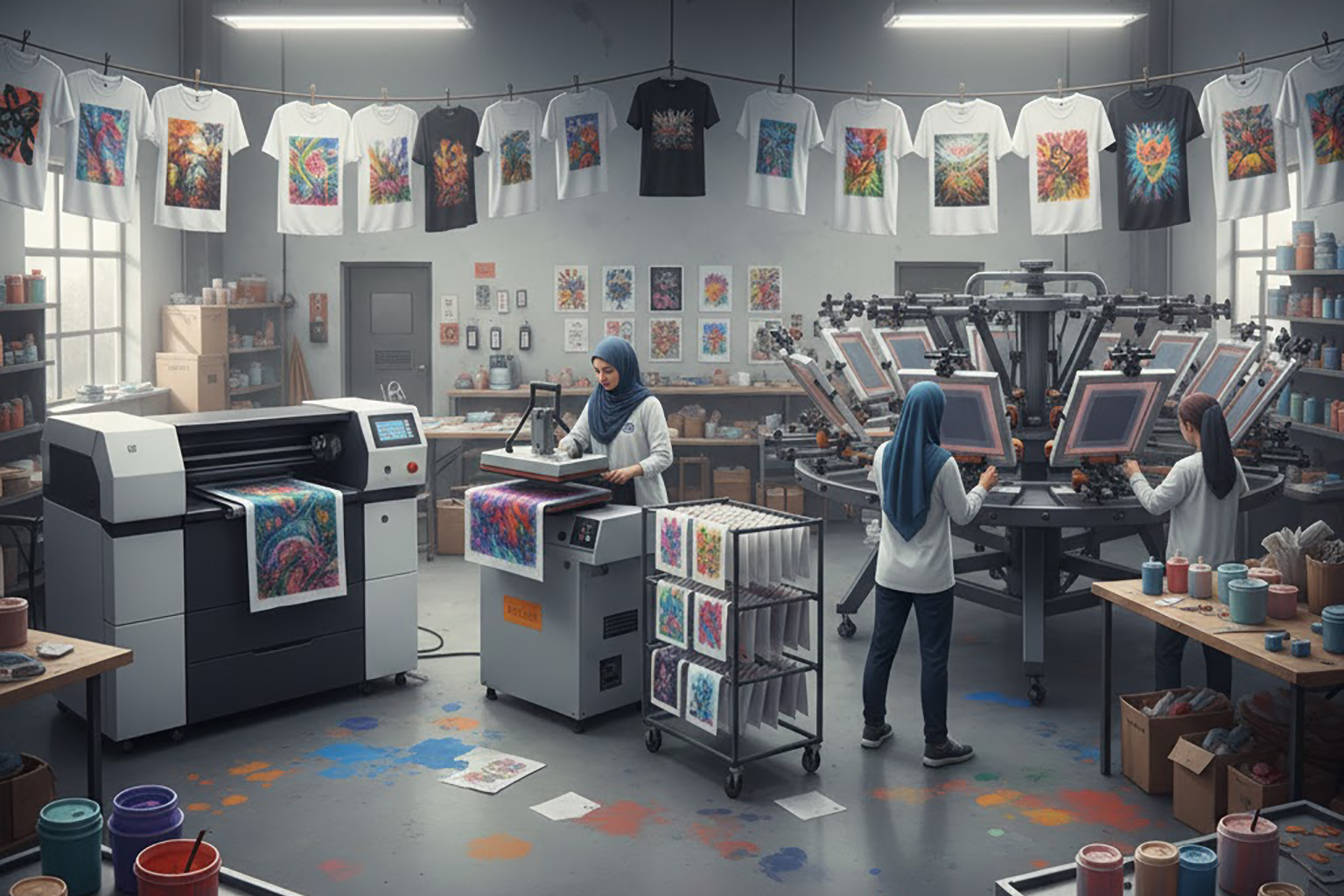 نمای عريض از يک کارگاه چاپ تیشرت که در آن دستگاه چاپ DTG، ميز پرس حرارتی برای فيلم های DTF و دستگاه سيلک اسکرين در کنار چند تیشرت آويزان ديده می شود.