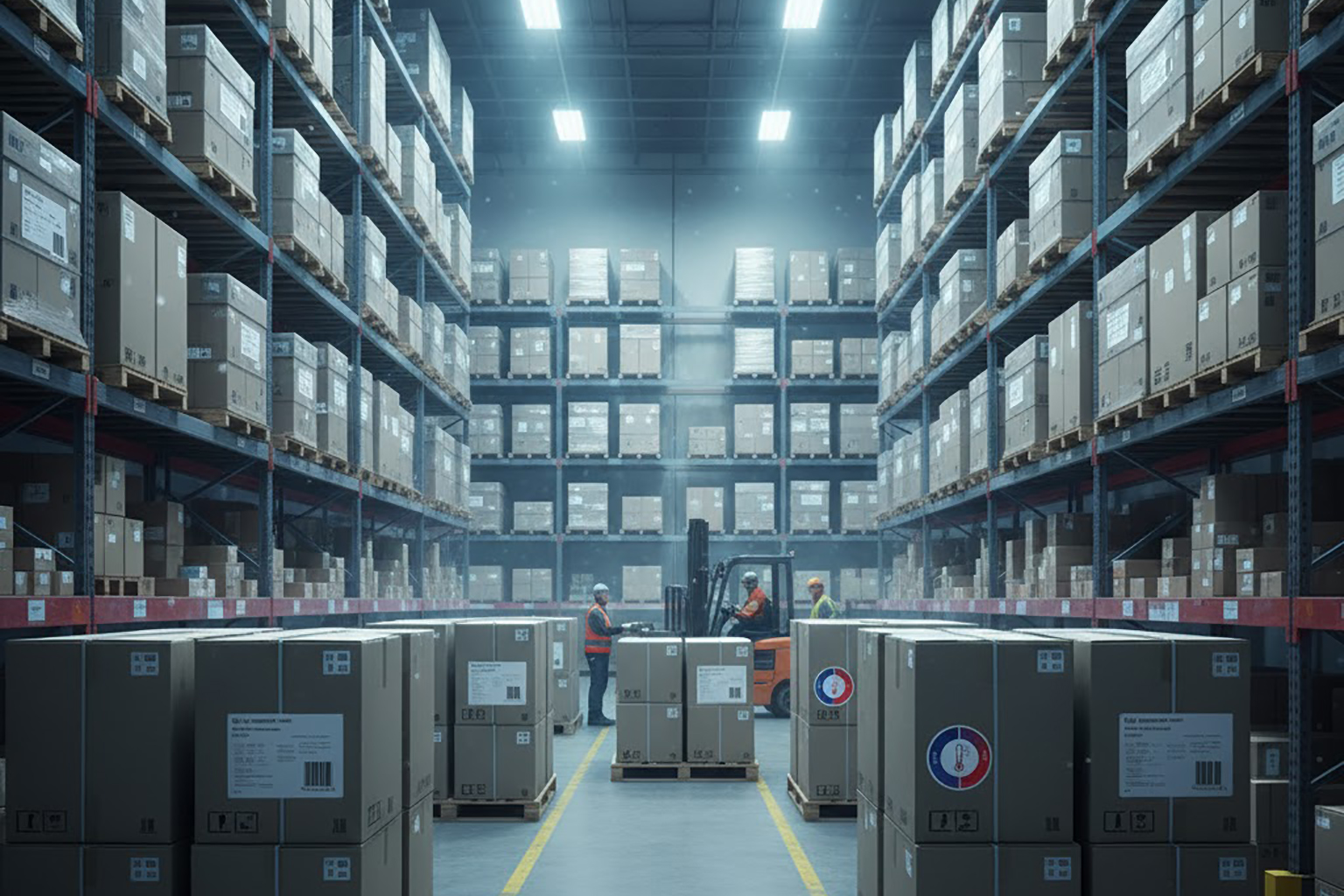 نماي عريض از داخل يک انبار سردخانه ای که در آن کارتن های محصول روی پالت چيده شده و روی بعضی از آن ها ليبل های دماحساس قابل مشاهده است و فضای زنجيره سرد را القا می کند.