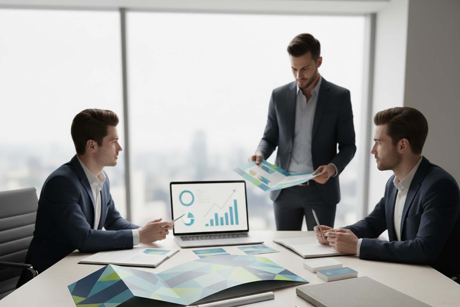 نمای عریض از اتاق جلسه تیم مارکتینگ که دور میزی نشسته اند و همزمان بروشور ها و گزارش های چاپی روی میز و نمودار های نمایش داده شده روی لپ تاپ را بررسی می کنند.